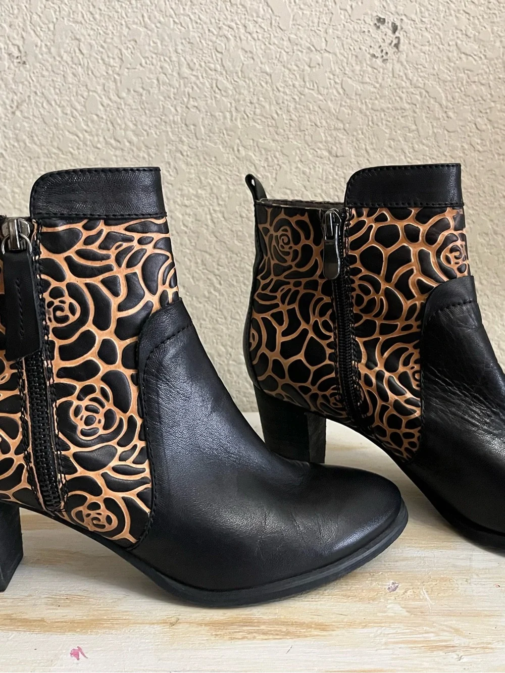 Women's Black Ankle Boots with Tan Floral Cutout Panels